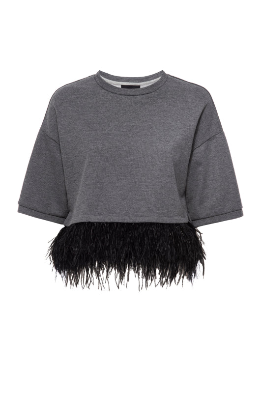 Le Superbe Extra Crewneck Feather-Trim Top Black Xs